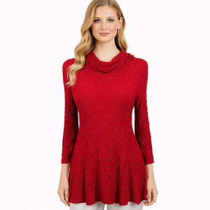 Snoskins Red Textured Puckered Tunic Top Stretch Knit Artsy A-Line Cowl Size M